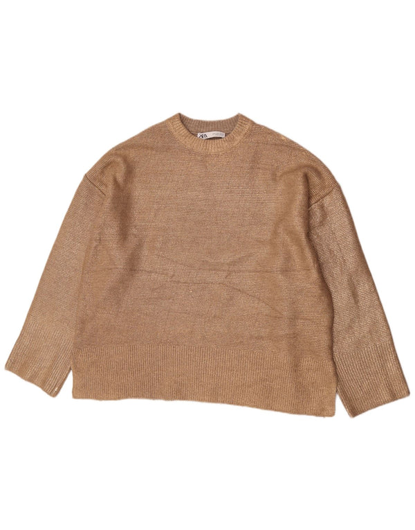 Zara Womens Oversized Crew Neck Jumper Sweater UK 10 Small Beige Acrylic