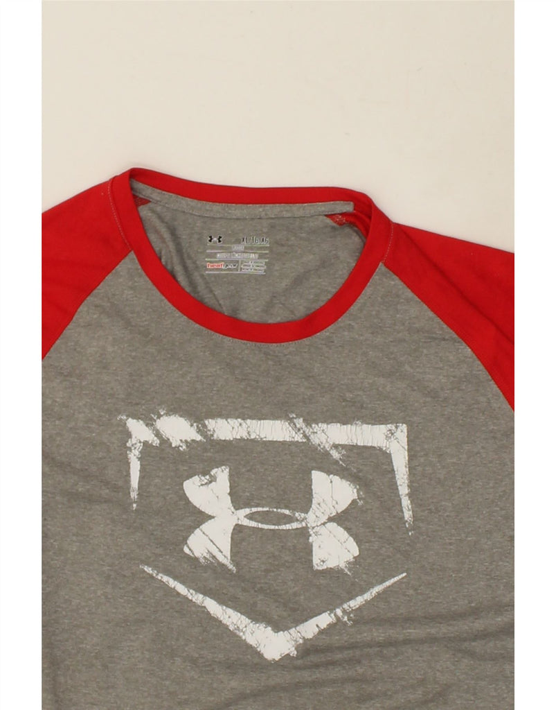 UNDER ARMOUR Mens Heat Gear Graphic Top 3/4 Sleeve XL Grey Colourblock | Vintage Under Armour | Thrift | Second-Hand Under Armour | Used Clothing | Messina Hembry 