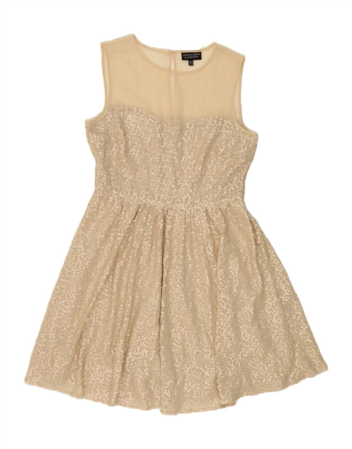 WAREHOUSE Womens Sleeveless A-Line Dress UK 14 Medium Beige Polyester Vintage Warehouse and Second-Hand Warehouse from Messina Hembry 