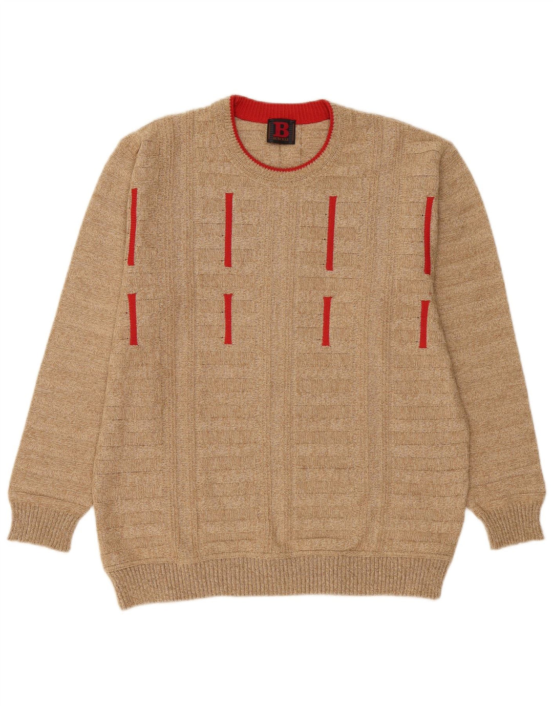 Bueckle Mens Crew Neck Jumper Sweater IT 50 Medium Beige Striped Cotton