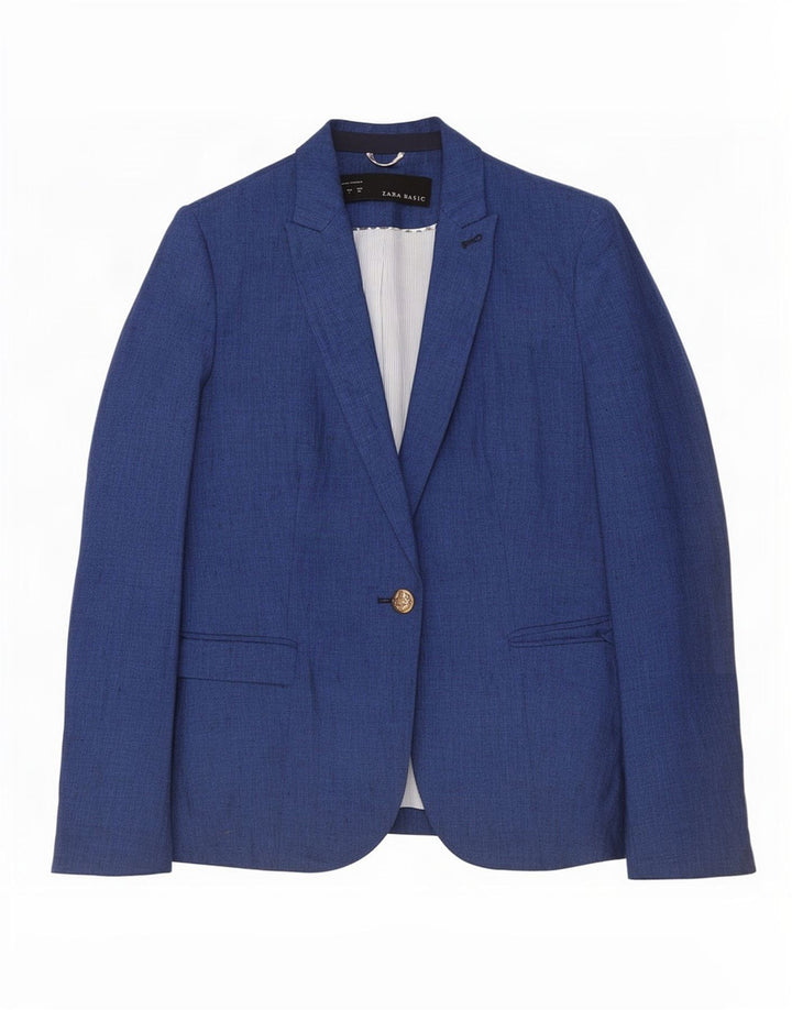 Zara Womens 1 Button Blazer Jacket UK 10 Small Navy Blue Cotton