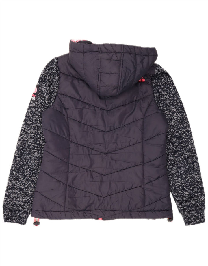 Superdry Womens Hooded Padded Jacket UK 12 Medium Navy Blue Flecked