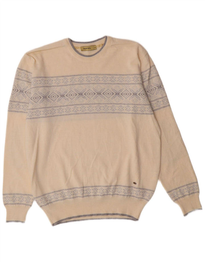 VINTAGE Mens Crew Neck Jumper Sweater Large Beige Fair Isle Classic