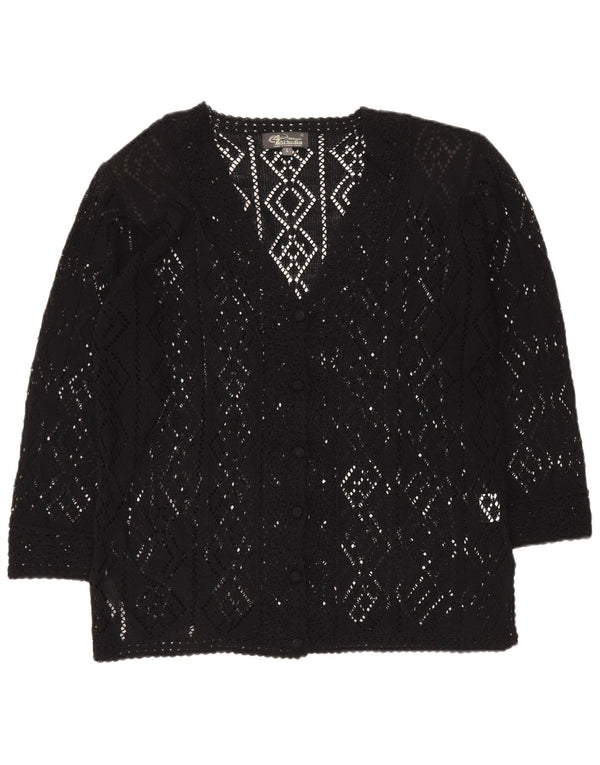 Vintage Womens 3/4 Sleeve Crochet Cardigan Sweater UK 16 Large Black Cotton