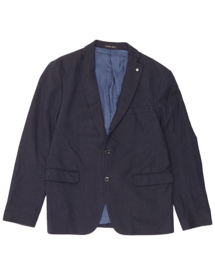 Zara Mens 2 Button Blazer Jacket EU 52 Large Navy Blue Cotton