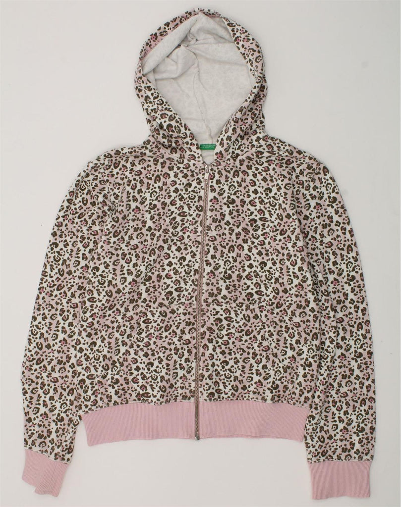 BENETTON Girls Zip Hoodie Sweater 10-11 Years XL Brown Animal Print Cotton | Vintage Benetton | Thrift | Second-Hand Benetton | Used Clothing | Messina Hembry 