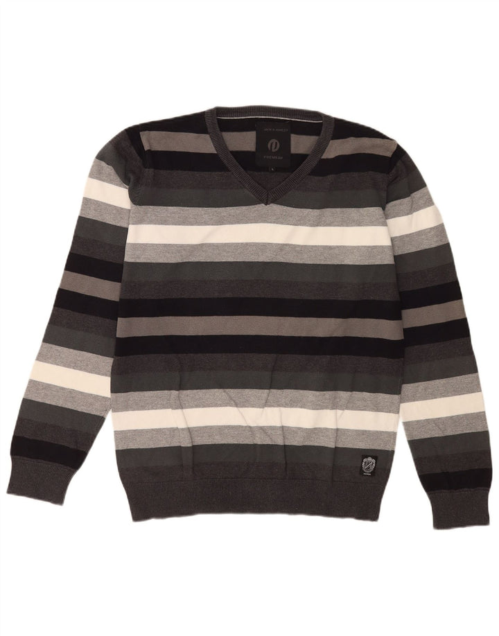 Jack & Jones Mens V-Neck Jumper Sweater Large Grey Striped