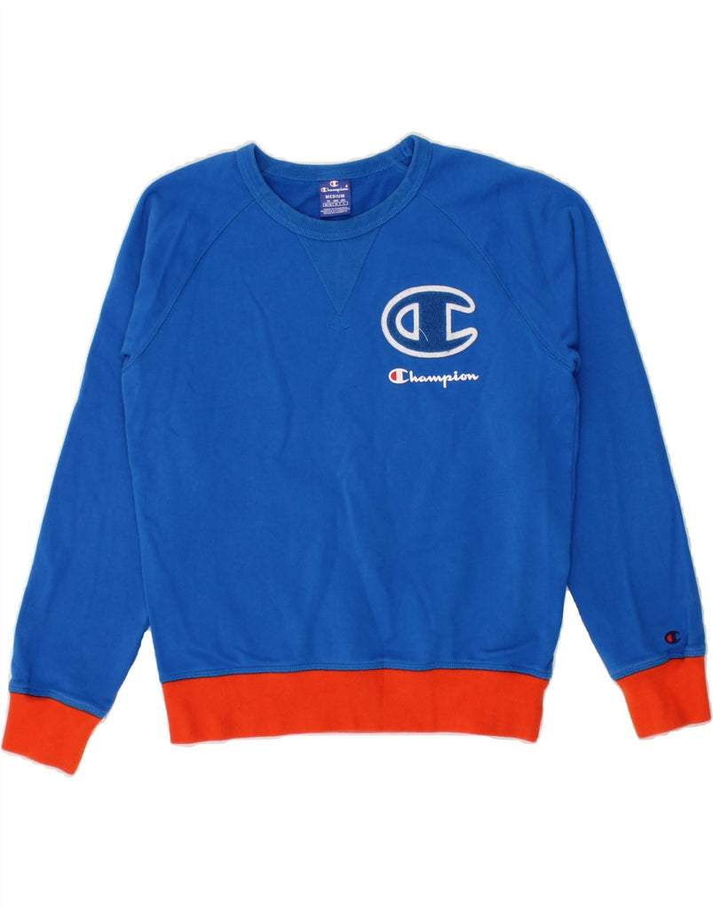 CHAMPION Mens Graphic Sweatshirt Jumper Medium Blue Cotton | Vintage Champion | Thrift | Second-Hand Champion | Used Clothing | Messina Hembry 