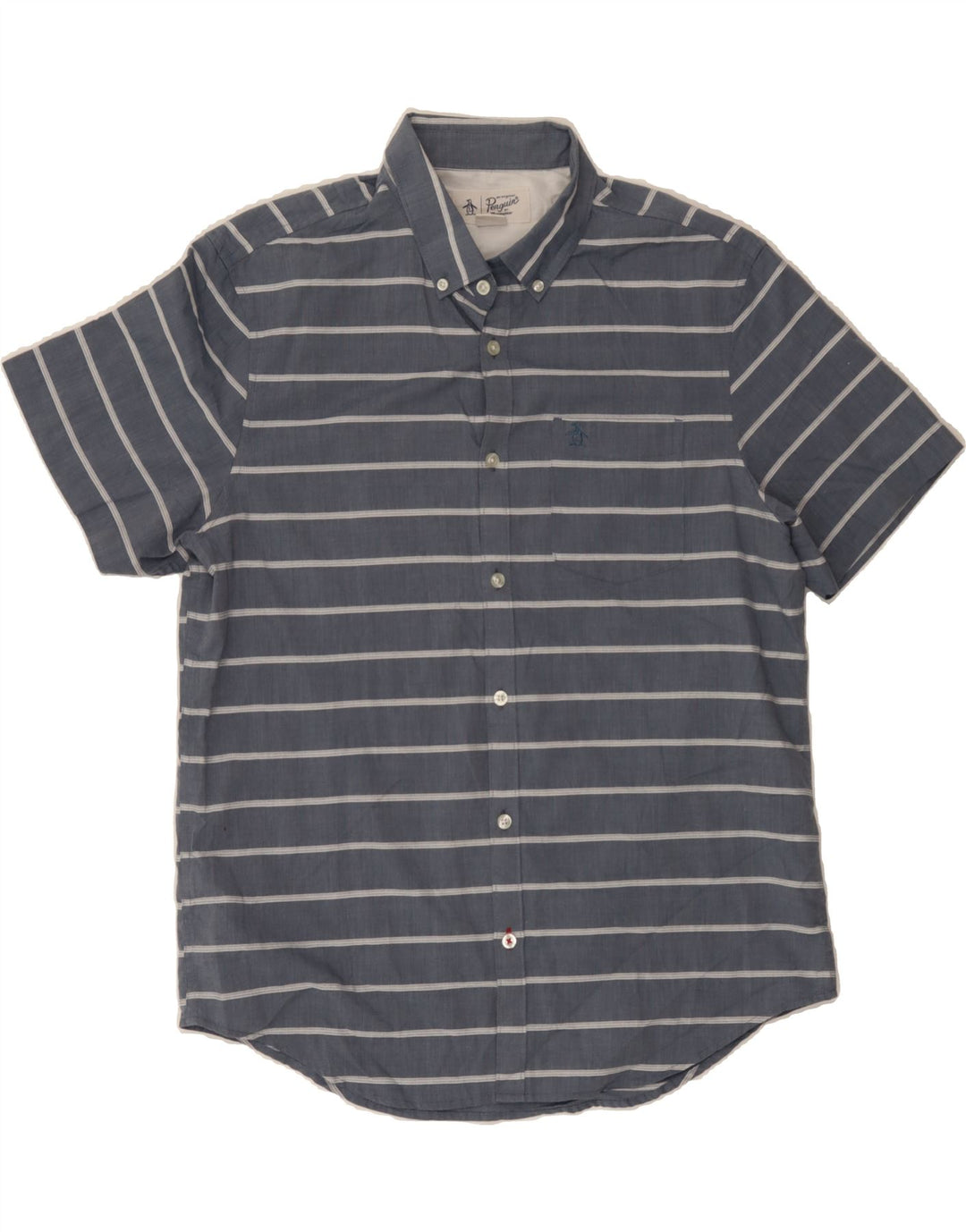 PENGUIN Mens Short Sleeve Shirt Large Navy Blue Striped Cotton Vintage Penguin and Second-Hand Penguin from Messina Hembry 