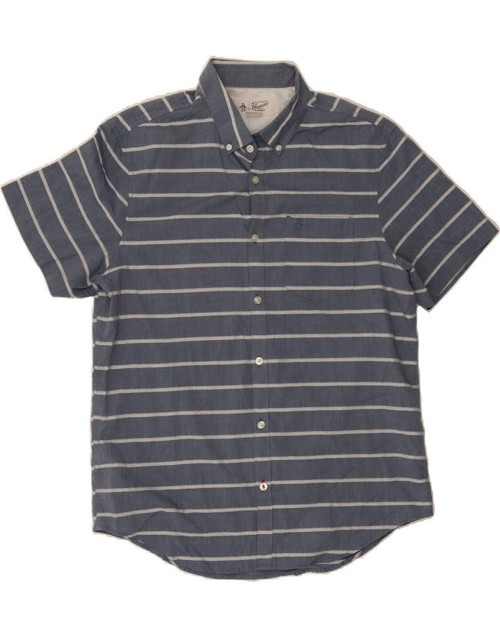 PENGUIN Mens Short Sleeve Shirt Large Navy Blue Striped Cotton Vintage Penguin and Second-Hand Penguin from Messina Hembry 