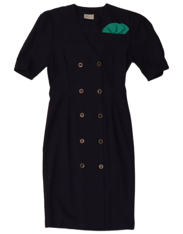 VINTAGE Womens Double Breasted Sheath Dress US 10 Large Navy Blue