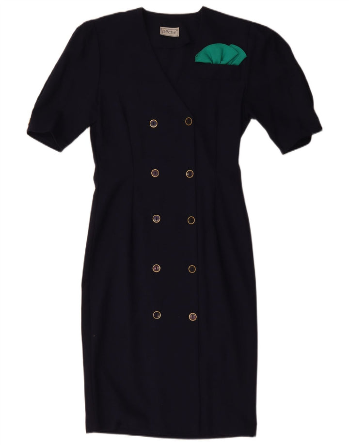 VINTAGE Womens Double Breasted Sheath Dress US 10 Large Navy Blue