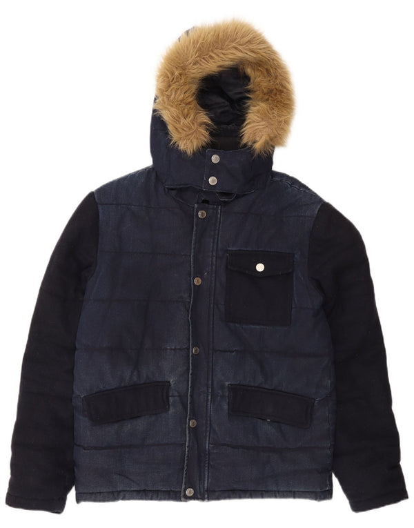 Zara Mens Hooded Padded Jacket UK 40 Large Navy Blue Colourblock