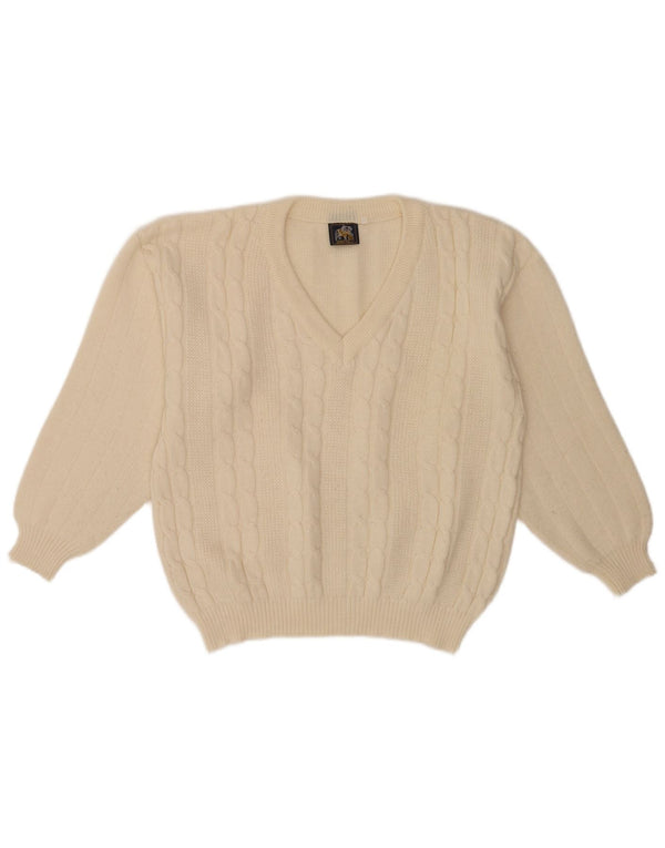 Vintage Mens Regular Fit V-Neck Jumper Sweater Medium Off White Classic