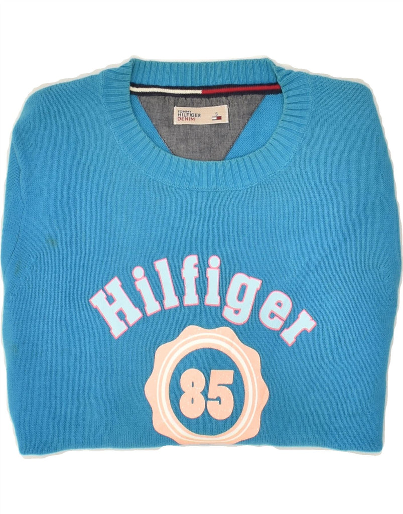 TOMMY HILFIGER Womens Graphic Boat Neck Jumper Sweater UK 10 Small Blue | Vintage Tommy Hilfiger | Thrift | Second-Hand Tommy Hilfiger | Used Clothing | Messina Hembry 