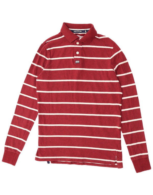 Superdry Mens Long Sleeve Rugby Polo Shirt Large Burgundy Striped Cotton
