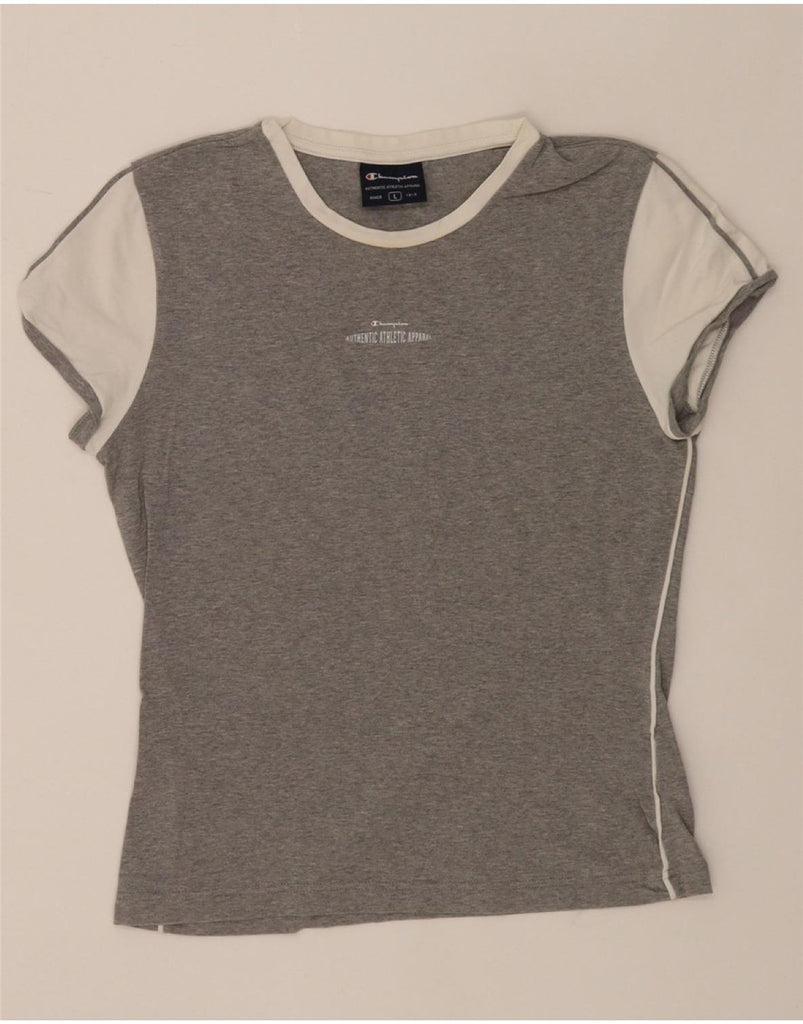 CHAMPION Womens Graphic T-Shirt Top UK 14 Large Grey Colourblock Cotton Vintage Champion and Second-Hand Champion from Messina Hembry 