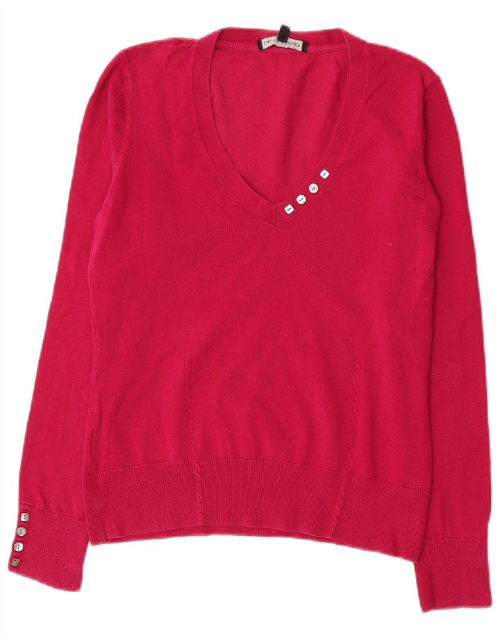 LAURA ASHLEY Womens Crop V-Neck Jumper Sweater UK 12 Medium  Pink Cotton