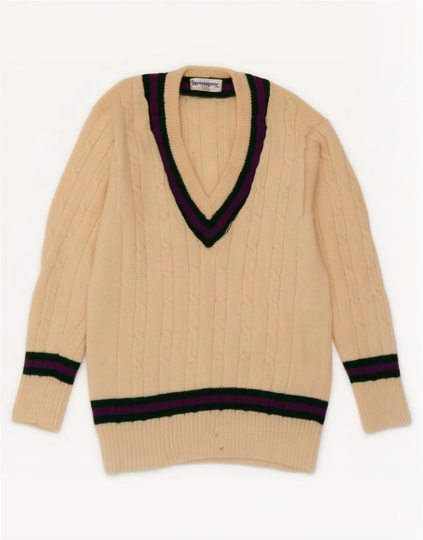 Vintage Mens V-Neck Jumper Sweater Small Beige Colourblock