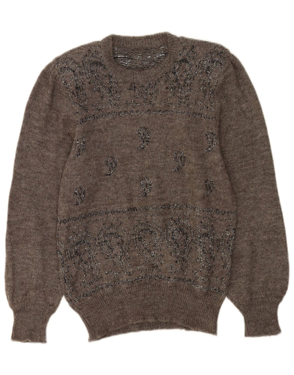 Vintage Womens Crew Neck Jumper Sweater UK 14 Medium Grey Paisley
