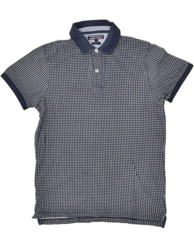 TOMMY HILFIGER Mens Slim Fit Polo Shirt Medium Navy Blue Geometric Cotton | Vintage Tommy Hilfiger | Thrift | Second-Hand Tommy Hilfiger | Used Clothing | Messina Hembry 