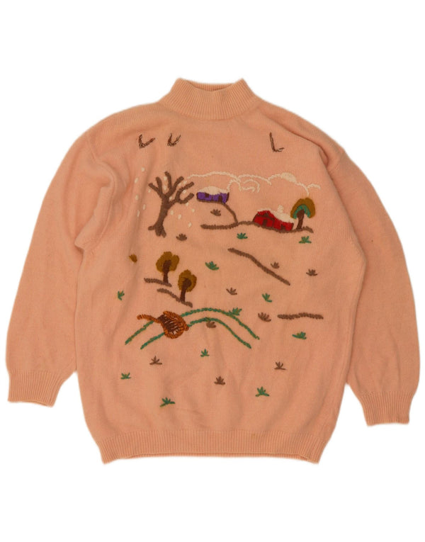 Vintage Womens Graphic Turtle Neck Jumper Sweater UK 16 Large Pink Floral