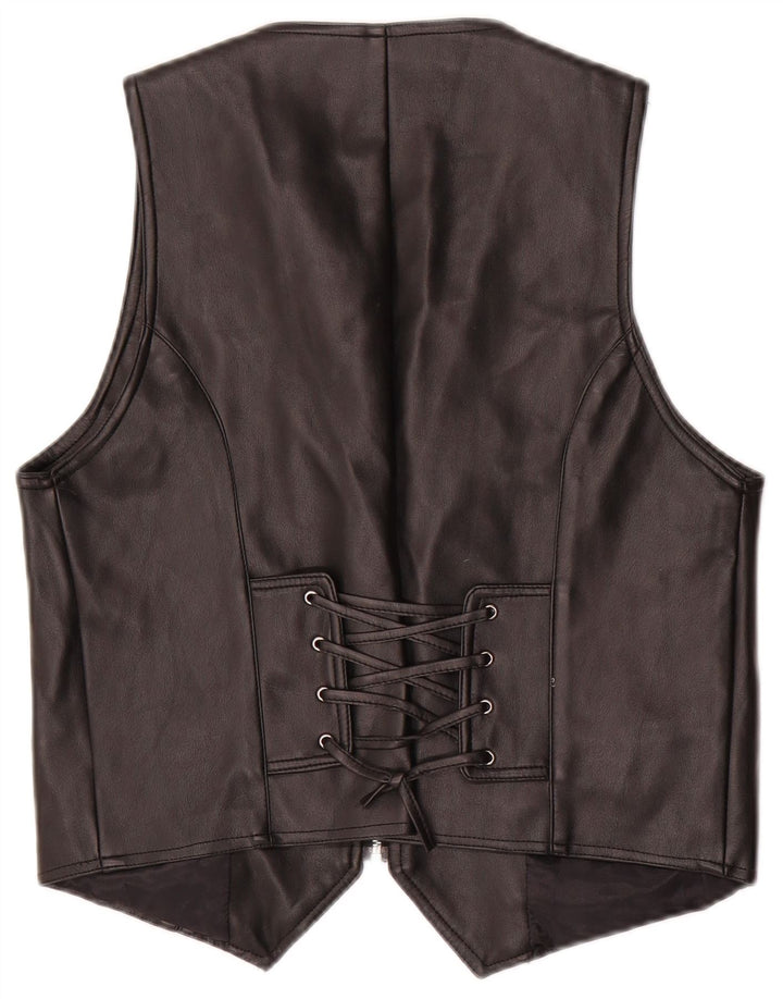 Vintage Womens Leather Waistcoat UK 20 2XL Black