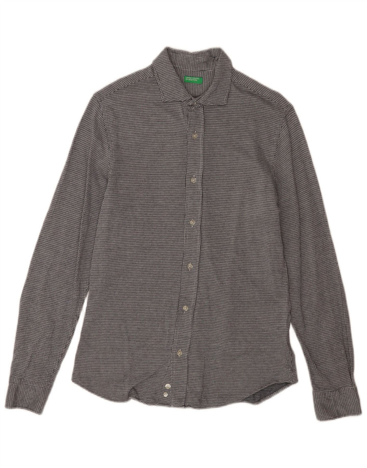 Benetton Mens Shirt Medium Grey Houndstooth Cotton