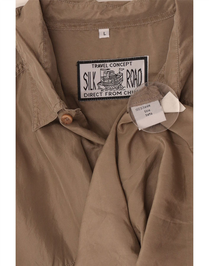 Vintage Mens Short Sleeve Shirt Large Brown Silk