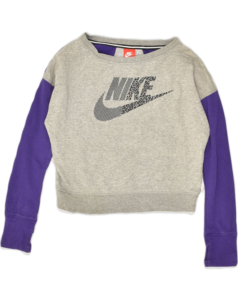 NIKE Womens Crop Graphic Sweatshirt Jumper UK 14 Large Grey Colourblock | Vintage Nike | Thrift | Second-Hand Nike | Used Clothing | Messina Hembry 