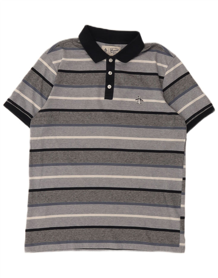 Penguin Mens Polo Shirt Medium Grey Striped Cotton