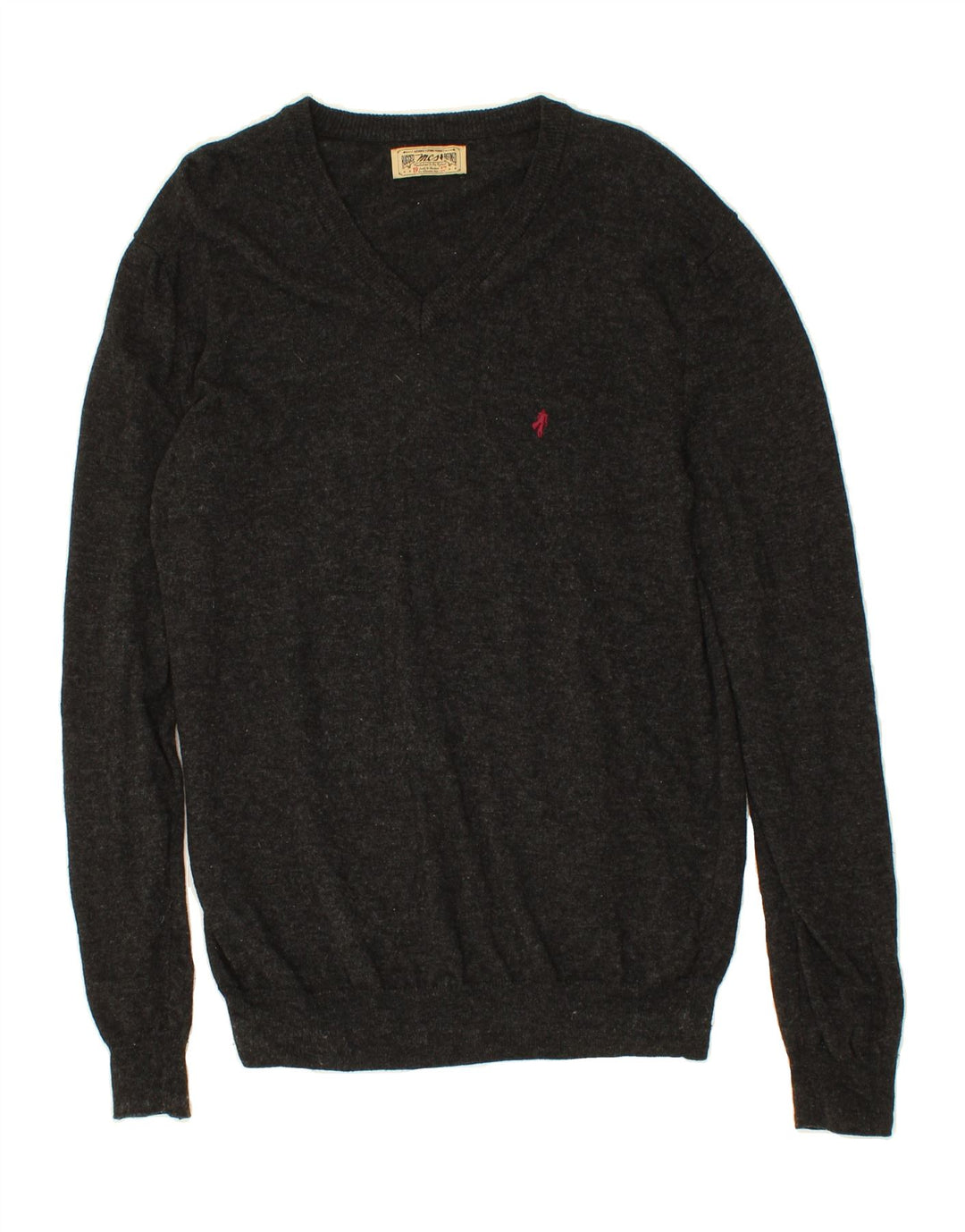 MARLBORO CLASSICS Mens V-Neck Jumper Sweater Medium Grey Flecked Polyester Vintage Marlboro Classics and Second-Hand Marlboro Classics from Messina Hembry 