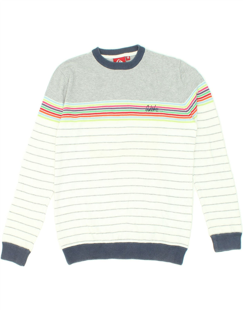 QUIKSILVER Boys Crew Neck Jumper Sweater 15-16 Years White Striped Cotton Vintage Quiksilver and Second-Hand Quiksilver from Messina Hembry 