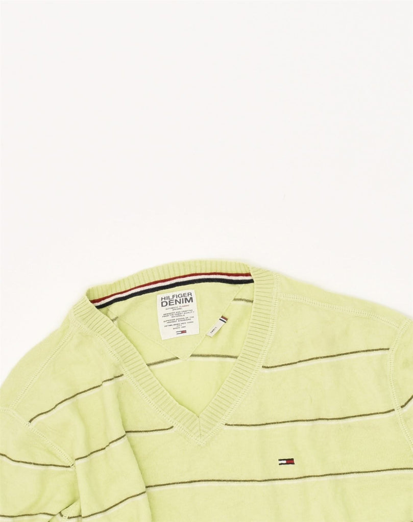 TOMMY HILFIGER Mens V-Neck Jumper Sweater Small Yellow Striped Cotton | Vintage Tommy Hilfiger | Thrift | Second-Hand Tommy Hilfiger | Used Clothing | Messina Hembry 