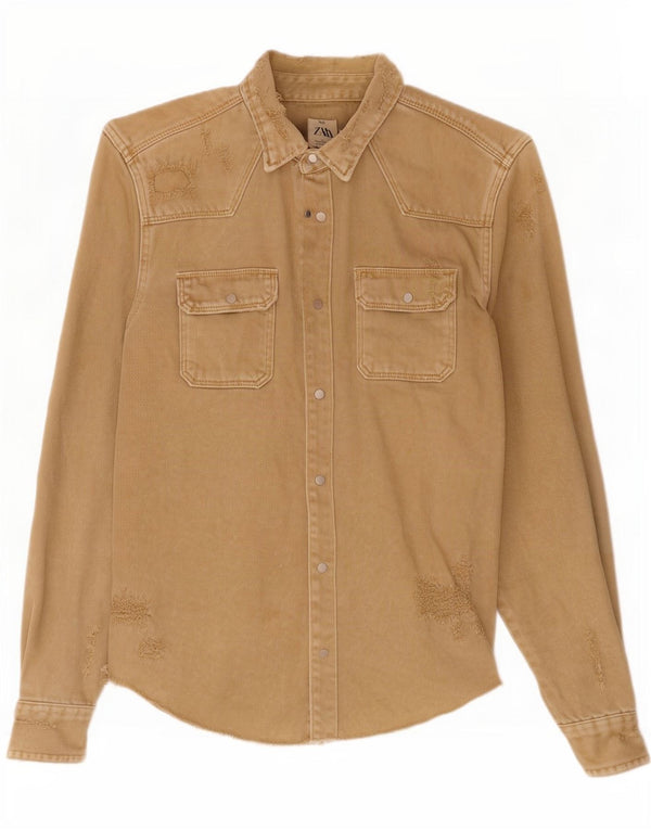 Zara Mens Distressed Denim Shirt Medium Brown Cotton