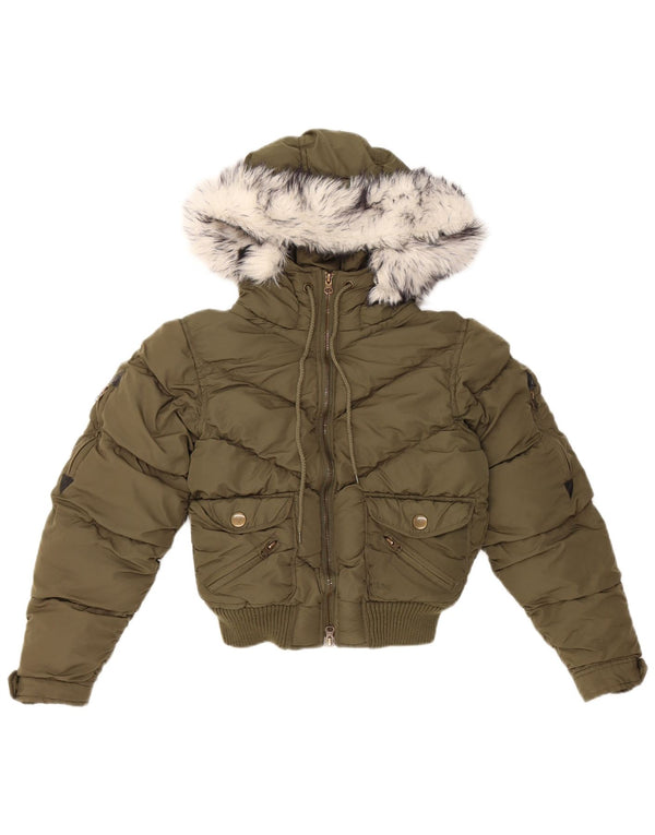 Lee Girls Crop Hooded Padded Jacket 7-8 Years XS Khaki Polyester