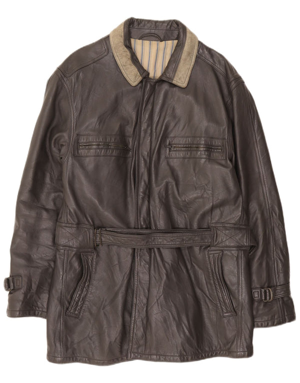 Vintage Mens Leather Coat UK 40 Large Grey Colourblock