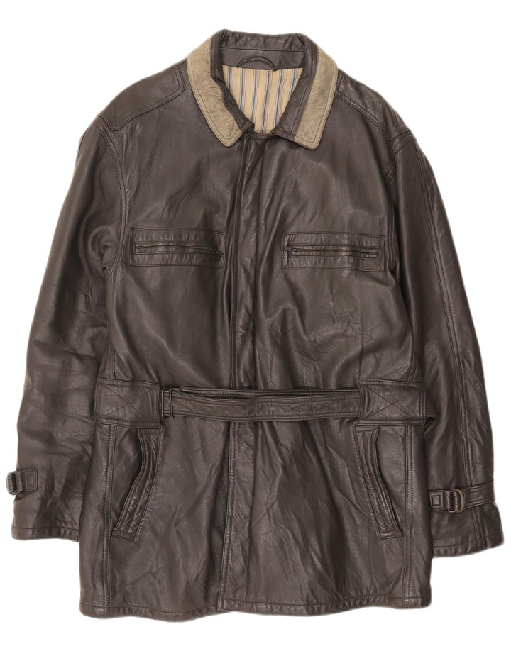 Vintage Mens Leather Coat UK 40 Large Grey Colourblock