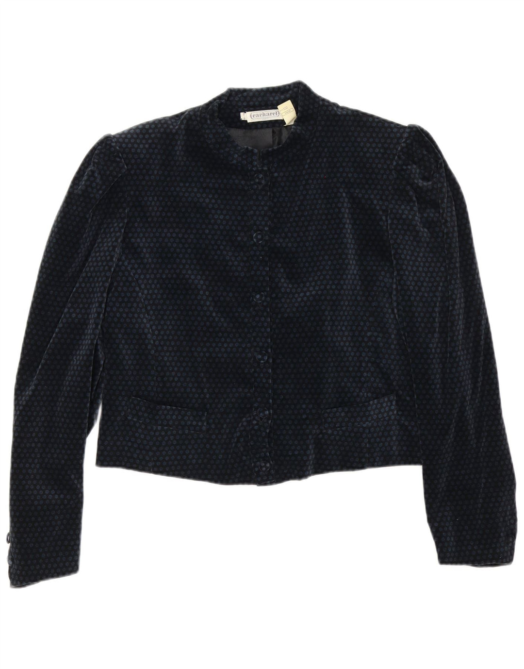 Cacharel Womens Crop 6 Button Blazer Jacket US 10 Large Navy Blue Polka Dot
