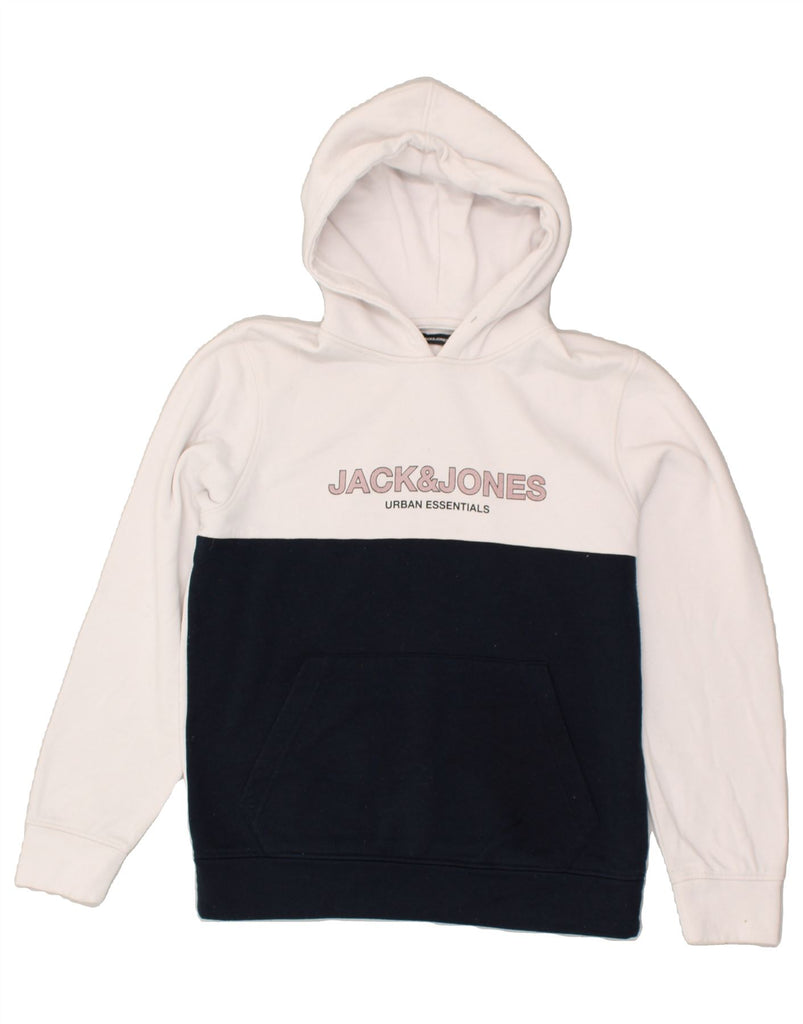 JACK & JONES Mens Graphic Hoodie Jumper Medium White Colourblock Polyester | Vintage Jack & Jones | Thrift | Second-Hand Jack & Jones | Used Clothing | Messina Hembry 