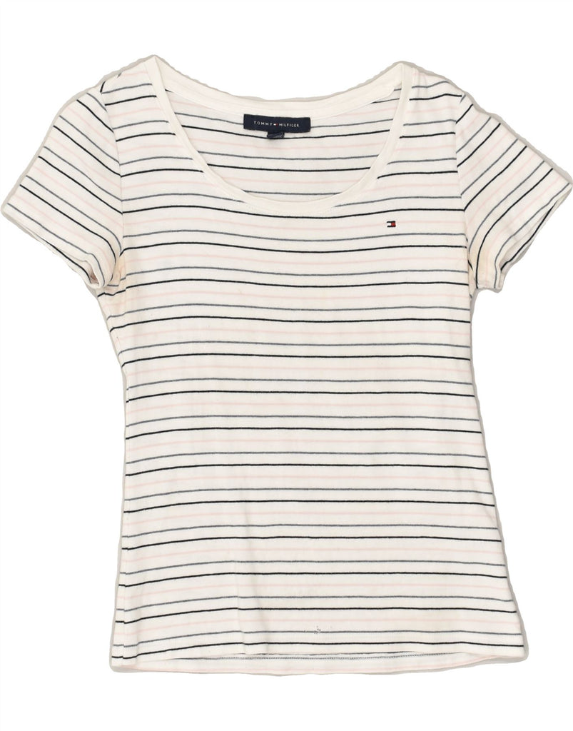 TOMMY HILFIGER Womens T-Shirt Top UK 8 Small White Striped Cotton | Vintage Tommy Hilfiger | Thrift | Second-Hand Tommy Hilfiger | Used Clothing | Messina Hembry 