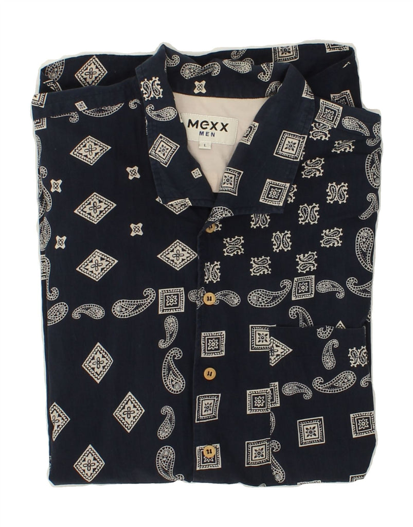 MEXX Mens Abstract Pattern Short Sleeve Shirt Large Navy Blue Vintage Mexx and Second-Hand Mexx from Messina Hembry 