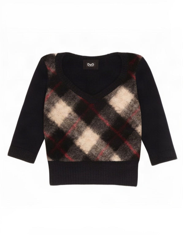 Dolce & Gabbana Womens Crop V-Neck Jumper Sweater UK 14 Large Black Plaid