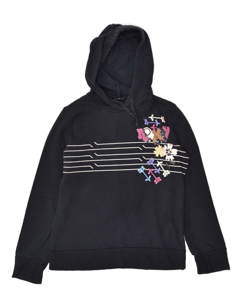 ROXY Womens Graphic Hoodie Jumper UK 14 Large Navy Blue Floral | Vintage Roxy | Thrift | Second-Hand Roxy | Used Clothing | Messina Hembry 