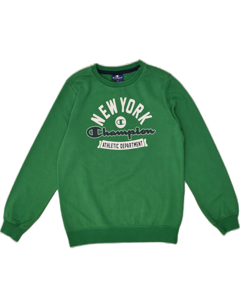 CHAMPION Boys Graphic Sweatshirt Jumper 9-10 Years Medium Green Cotton | Vintage Champion | Thrift | Second-Hand Champion | Used Clothing | Messina Hembry 