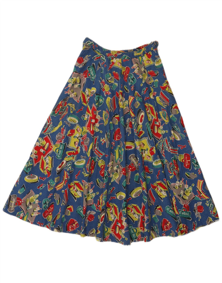 Vintage Womens Abstract Pattern Pleated Flared Skirt W24 XS Blue