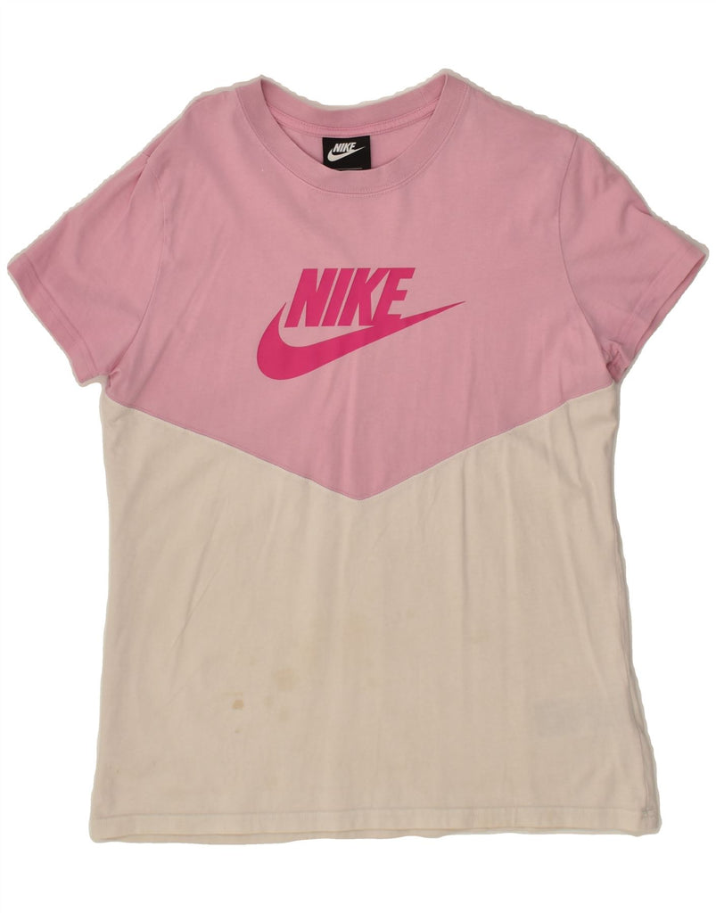 NIKE Womens Graphic T-Shirt Top UK 12 Medium Pink Colourblock Cotton Vintage Nike and Second-Hand Nike from Messina Hembry 