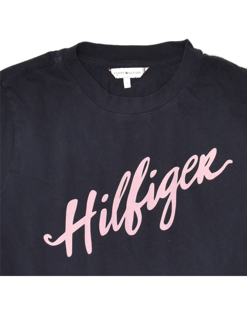 TOMMY HILFIGER Womens Graphic T-Shirt Top UK 10 Small Navy Blue Cotton | Vintage Tommy Hilfiger | Thrift | Second-Hand Tommy Hilfiger | Used Clothing | Messina Hembry 