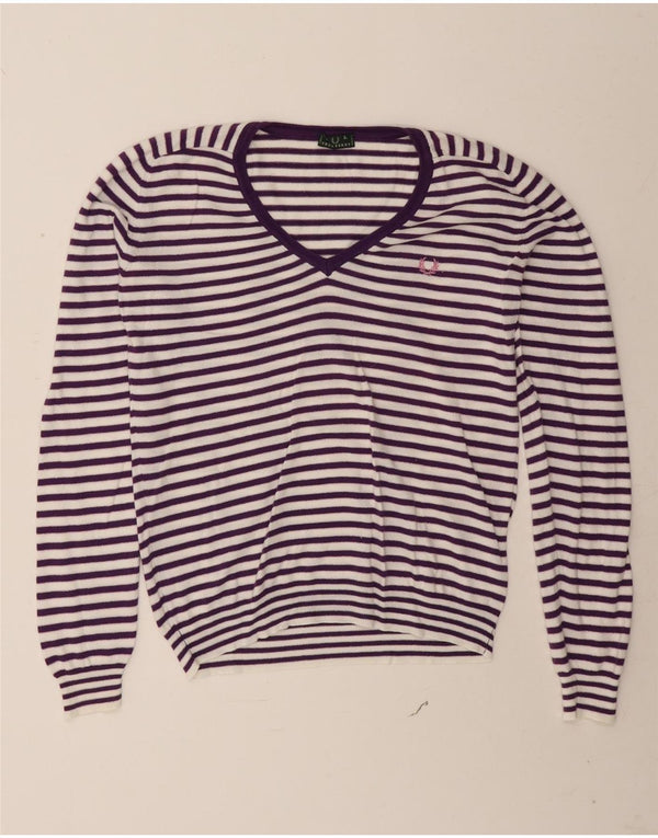 Fred Perry Womens V-Neck Jumper Sweater UK 16 Large Purple Striped Viscose