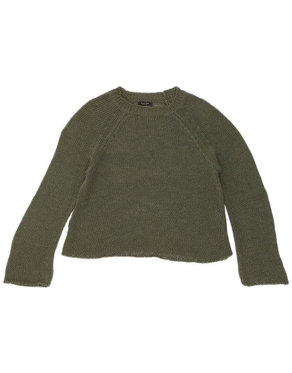 Massimo Dutti Womens Crop Crew Neck Jumper Sweater UK 10 Small Khaki Cotton